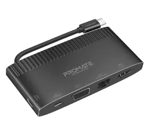 USB-C хаб 6-в-1 Promate MediaHub-C6 HDMI/VGA/USB-C PD/USB-C/USB-A 3.0/RJ45 Black (mediahub-c6.black)