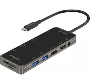 USB-C хаб 11-в-1 Promate PrimeHub-Pro USB-C PD/HDMI/VGA/2xUSB 3.0/2xUSB 2.0/RJ45/SD/MicroSD/AUX 3.5 мм Grey (primehub-pro.grey)