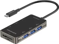 USB-C хаб 8-в-1 Promate PrimeHub-Mini USB-C PD/HDMI/3xUSB 3.0/RJ45/SD/MicroSD Grey (primehub-mini.grey)