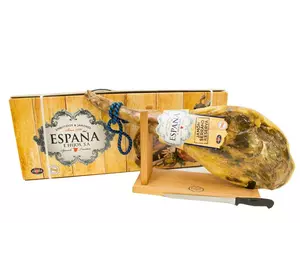 Хамон Espana Серрано Резерва на кістці в подарунковій упаковці + хамонера + ніж, 14 місяців витримки 6.5 кг